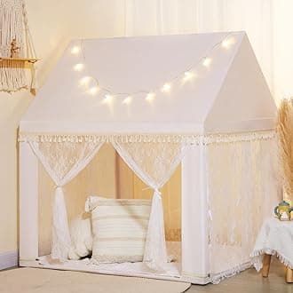 WilwolferWhite Kids Play Tent: with Mat and Star Lights - 4 White Lace Door - Girls Playhouse Indoor Toddler Playroom Decor