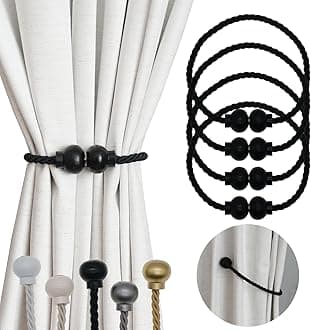 4 Pack Magnetic Curtain Tiebacks Modern Handmade Rope Curtain Tie Backs Decorative Drapes Weave Holdbacks for Home Outdoor Bedroom Office Decorative Curtain, Black