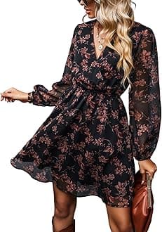 Women's Floral Print Chiffon A-Line Mini Dress Long Peasant Sleeves Elastic Autumn Dress