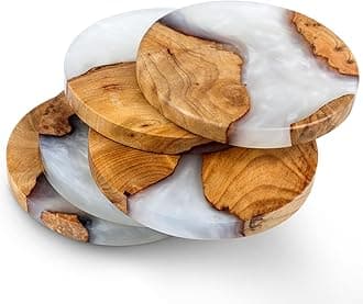 Drink Coaster Set, Wooden Absorbent Coasters, Epoxy Resin Coaster for Coffee Table, Tabletop Protection Decor, Set of 5 with Holder