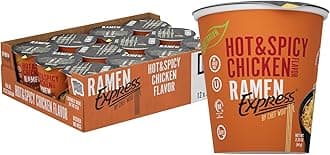 RAMEN EXPRESS Hot & Spicy Chicken Flavor Ramen Cup Noodle, 2.25 Oz Each (Pack Of 12) by Chef Woo | Vegetarian | Halal | Egg-Free and Dairy-Free