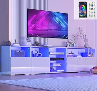 79IN LED TV Stand for 75/80/85inch TV,High Glossy Modern TV Stand for Living Room,TV Entertainment Center with Adjustable Storage Shelf,RGB LED Lighting,TV Console(White)