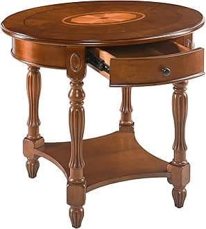 Solid Wood End Table with Drawer and Storage Shelf, Oval Sofa Side Table with Carved Legs, Living Room Corner Table, Large Beside Table, Elegant Vintage, No-Tools Assembly, Caramel Brown CJZ1533MG