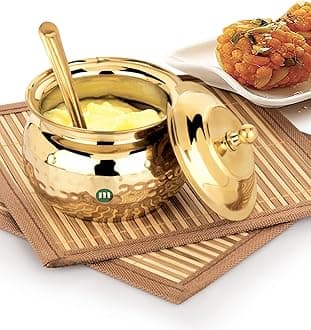 Premium 300Ml Hammered Design Brass Ghee Pot With Lid & Spoon –Perfect For Ghee, Oils, And Kitchen Storage – Durable Container Kitchen, Stylish Ritual Use