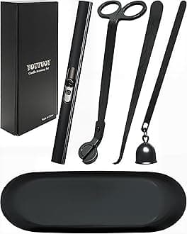 YOUTUOY 5 in1 Candle Accessory Set with Rechargeable Candle Lighter, Candle Wick Trimmer, Candle Wick Snuffer, Candle Wick Dipper, Storage Tray Plate, Candle Care Kit (Matte Black)