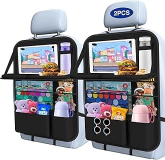 Car Backseat Organizer with Table Tray (2 Pack) with 9 Storage Pockets, Back Seat Car Organizer with Tablet Holder, Kick Mat, Back Seat Cover for Kids, Family, Road Trip Essentials for Travel