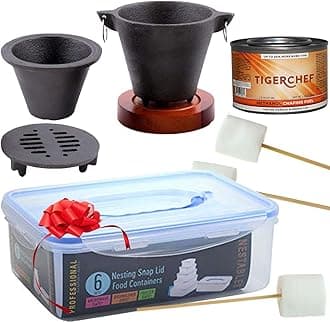 Tiger Chef Smores Marshmallow Roasting Set Includes 12 Piece Food Storage Container Set with Airtight Locking Lids, Hibachi Grill Set, Chafing Fuel Gel Can 100 Bamboo Skewers Bag of Free Marshmallows