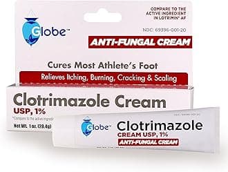 Globe Clotrimazole Antifungal Cream 1% USP (1 oz), Anti Fungal Treatment, Relieves Itching, Burning, Cracking and Scaling Associated Athletes Foot, Jock Itch, Ringworm and More