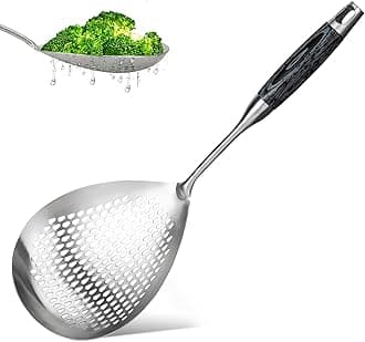 Skimmer Slotted Spoon, Length 16.3 Inches Diameter 7.4 Inches Pasta Strainer/Frying Spoon for Kitchen and Colander, Stainless Steel Ladle/oil strainer for Cooking with Black Wooden Handle