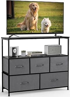 DUMOS TV Stand Dresser for Bedroom with 5 Fabric Drawer,Entertainment Center for 45 inch Television, Media Console Table with Storage, Open Shelf, Adjustable Feet, Living Room Furniture
