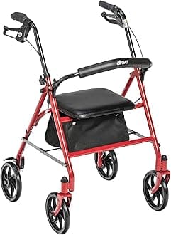 Rollator Walker with Seat - Stable Mobility Support - Height Adjustable - Durable Steel Frame Construction - Smooth 7.5" Wheels - Foldable Frame - 350 Lb Limit - Red