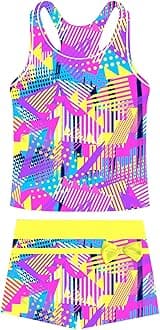 Girls Swimsuits Two Piece Tankini Bathing Suits Boyshort Summer Beach Swimwear with Removable Bra Pads for 4-16T