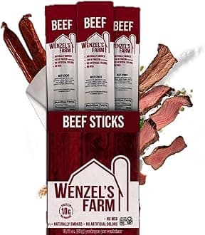 Wenzel’s Farm Beef Sticks │Supports Active Lifestyles │ Flavorful, Naturally Smoked │ High Protein, Low Carb │ No MSG, Fillers, Binders, Artificial Colors │ Gluten Free | 32 sticks (16 packs of 2)