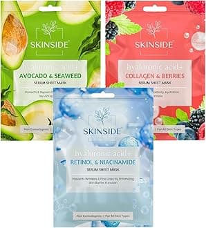 SkinSide Serum Sheet Mask for Glowing Skin with Hyaluronic Acid | Face Mask Sheets Combo for | Hydrating | Tan & Blackheads Removal | Instant Brightening | Pore Reduction | Fairness | Skin Tightening (3, Avocado & Sea Weed | Retinol & Niacinamide | Collagen & Berries)