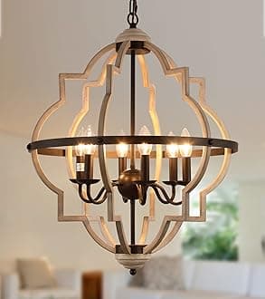 Q&S Rustic Antique Orb Chandelier Farmhouse Vintage 6-Lights Oak White Hanging Ceiling Light Fixtures for Foyer Dining Room Kitchen Living Room