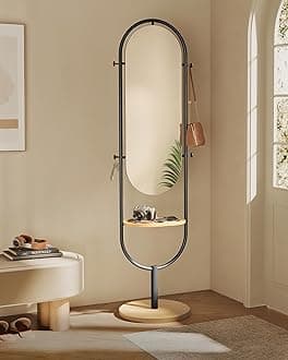 SONGMICS Full-Length Floor Mirror, 3-in-1, Modern Standing Full Body Boho Mirror, Inspired by Original Award-Winning Design, 16.5 x 18.9 x 68.9 Inches, Living Room, Bedroom, Oak Beige and Ink Black