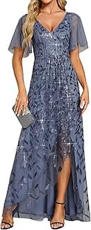 Women's Shimmery Formal Dress V Neck Sequins A-Line Side Slit Elegant Long Evening Dresses 02083