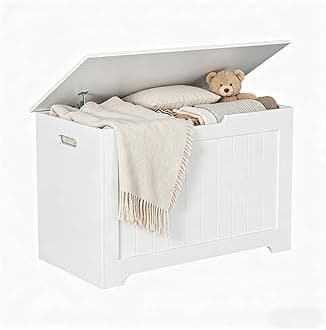 Storage Chest with Flip-top Lid, Large Wood Trunk Bench with Safety Hinge, Bedroom Living Room Clothes Blanket Organizer Bin with 100L Storage Area, White