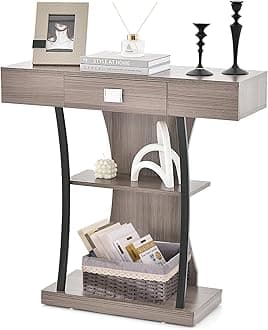 GOFLAME 3-Tier Console Table with Shelves, Wooden Entryway Table with Anti-toppling Device & Supporting Metal Tubes, Industrial Narrow Sofa Table for Entryway Hallway Living Room (Gray)