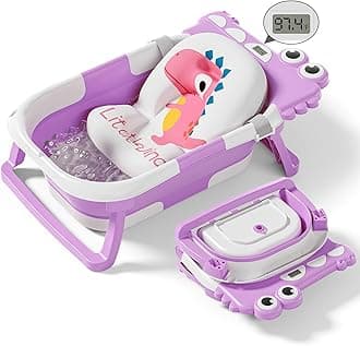 Collapsible Baby Bathtub for Newborn, Foldable Baby Bath Tub with Thermometer & Soft Floating Cushion & Drain Hole, Portable Travel Infant Bath Tubs for Newborns to Toddlers 0-36 Months Girls