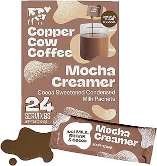 Copper Cow Coffee Sweetened Mocha Milk Creamer Singles (24 pack) | Vietnamese Inspired Coffee Creamer, All Natural Creamer Packets for Pour Overs & Lattes | No Refrigeration Needed, Travel Friendly
