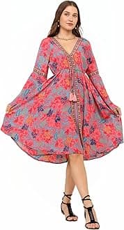 KE KanhaExportsKE KANHA EXPORTS Short Dress for Women's & Girls Unique Border Design and Tassel Stretchable Adjustable Drawstring Free Size Western Dresses fit Flared Floral Print v-Neck All Seasons