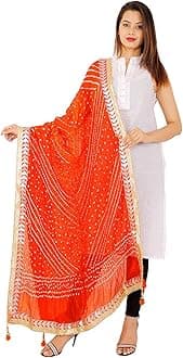 kalpit creations Women's Jaipuri Art Silk Bandhej Rajasthani Bandhani Dupatta with Gota Patti Lace