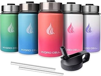 HYDRO CELLStainless Steel Insulated Water Bottle with Straw - For Cold & Hot Drinks - Metal Vacuum Flask with Screw Cap and Modern Leakproof Sport Thermos for Kids & Adults (Coral/Punch 14oz)
