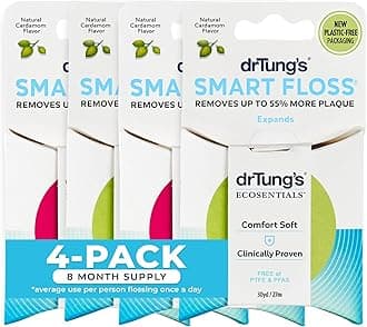 DrTung's Smart Floss - Natural Dental Floss, PTFE & PFAS Free, Gentle on Gums, Expands & Stretches, BPA Free - Cardamom Flavor (Pack of 4)