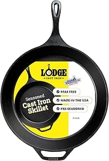 Lodge Seasoned Cast Iron Skillet - Frying Pan for the Stove, Grill or Campfire - Cooks Evenly - Features Easy-Grip Teardrop Handle - Non-Toxic, Nonstick & Long-Lasting - 15 Inches