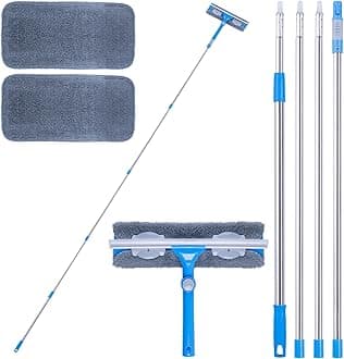 12 Foot (3.7m) Window Squeegee Cleaner Kit, Extension Poles + Silicone Squeegee (12in) + Window Washer, 2 in 1 Windows Glass Cleaning Tool for Indoor/Outdoor High Windows, Blue (IKU-110370)