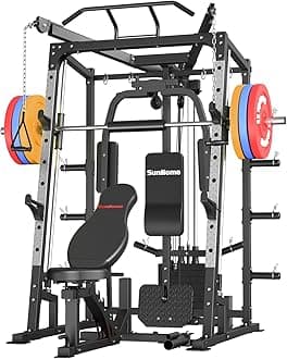 SunHome Smith Machine, Power Cage Squat Rack with Smith Bar, LAT Pull-Down Systems, Cable Crossover Machine and Cable Attachment for Home Gym