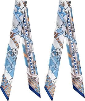 100% Mulberry Silk Scarf for Handbags & Purses, 2Pcs 2''x35'' Hair Ribbon Skinny Neck Scarves for Women
