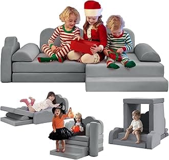 TABU 10Pcs Modular Kids Sofa Couch, Toddler&Child Convertible Playing Floor Cushion Sofa,DIY Creative Fort Building for Playroom, Freely Removable, Light Grey
