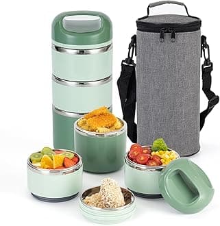 Lille Home Stainless Steel Lunch Box, Stackable 3 Layer Lunch Container for Adults 1.43L Leak Proof Lunch Box Insulated with Bag(Green)