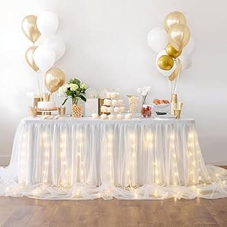 leegleri White Tulle Tutu Table Skirt for Baby Shower Wedding ,Birthday Party ,LED Rectangle or Round Tablecloth for Gender Revel or Baptism (14 ft Table Skirt)