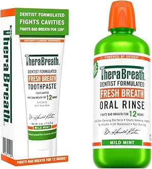 Fresh Breath Dentist Formulated Toothpaste, Mild Mint, 4 Ounce & TheraBreath Fresh Breath Mouthwash, Mild Mint, Alcohol-Free, 1 Liter