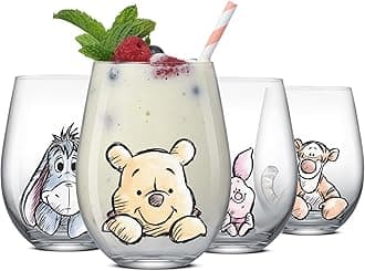 JoyJolt Winnie the Pooh 19 Oz Glass Tumblers, Set of 4 Stemless Kitchen Cups, Gift for Adults