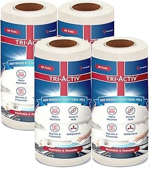 Tri-Activ Washable & Reusable Kitchen Towel Roll | 80 Pulls per Roll, 320 Sheets Pack of 4 | Highly Absorbent Kitchen Tissue Roll | Non Woven Fabric | Better alternative to Paper Tissue Roll | White
