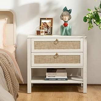 SICOTAS White Night Stand with Drawers and Storage Shelf - Large Nightstands Rattan Decor Boho Bedside Table Narrow Side Table for Bedroom, Small Space