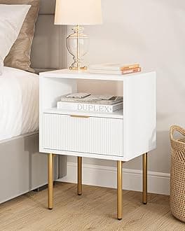 Masupu Nightstand,Mid-Century Modern Bedside Table with Storage Drawer and Open Wood Shelf,Small Side Table for Bedroom,Living Room,White