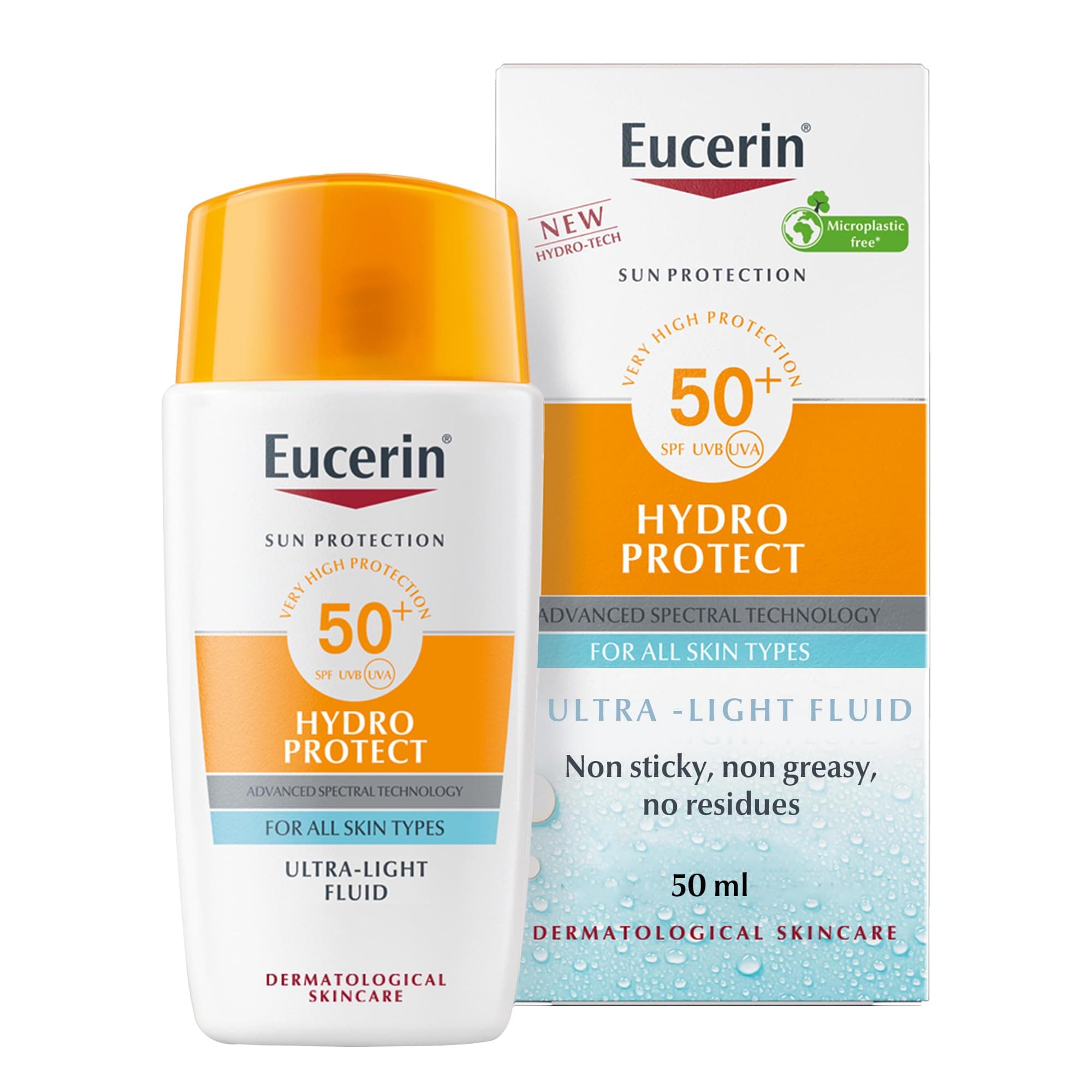 Eucerin Sunscreen Hydro Protect Face Ultra Light Fluid, High UVA/UVB Protection, SPF 50+, Suitable for Daily Use, Non sticky, Non Greasy, Suitable for All Skin Types, 50ml
