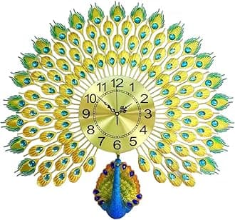Kriva 27.6" Peacock 3D Metal Wall Clock- Decorative, Luxury, Silent Movement, Non-Ticking, Perfect for Living Room, Hotel, Home Decor, 1-Pcs,Blue, Analog