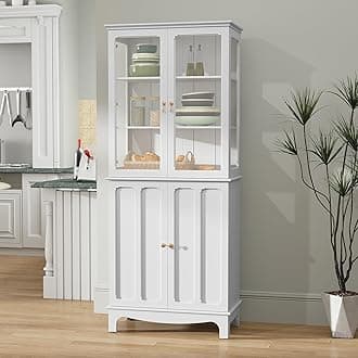 ARTPOWER 72" Freestanding Kitchen Pantry Storage Sideboard, Classical Tall Cabinet with Glass Door and Adjustable Shelves for Kitchen, Livingroom and Dining Room, White