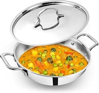 Triply Stainless Steel Kadai/Kadhai with Steel Lid | 20cm/7.9 inch, 1.7Ltr, 1.20kg | Induction Friendly | Nonstick 3-Layer Body, 100% Toxin-Free, No Chemical Coating