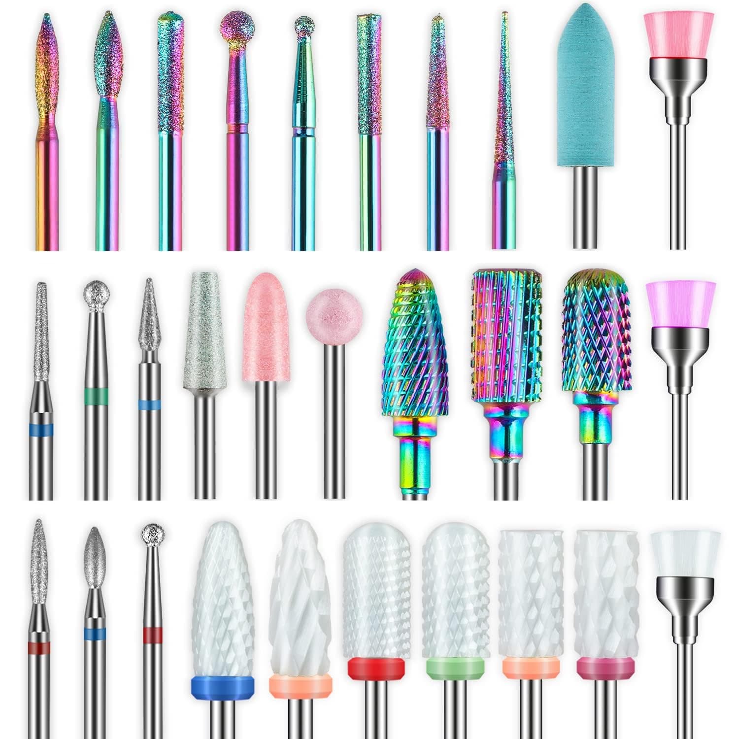 30Pcs Nail Drill Bits Set: 3/32 Inch Carbide Cuticle Ceramic Diamond Nail Bits for Nail Drill for Acrylic Gel Nail Manicure Pedicure Remover Tools for Home Salon