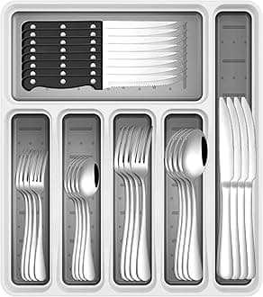 - 49-Piece Silverware Set with Organizer, Stainless Steel Flatware Utensils Set for 8, Forks and Spoons Silverware Set Cutlery Set with Steak Knives, Dishwasher Safe