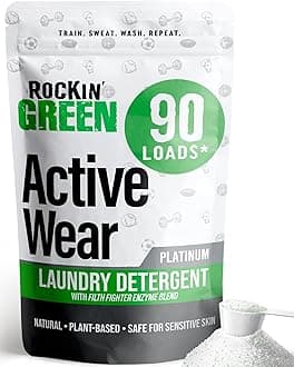 Rockin' GreenLaundry Detergent, Plant based, All Natural Laundry Detergent Powder, Vegan and Biodegradable Odor Fighter, Safe for Sensitive Skin (Active Wear 90 Loads - Unscented)
