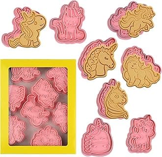 8 Piece Unicorn Cookie Cutter Set With Plunger Stamps - Unicorn Head Embossing Stamps For Biscuit Fondant Cheese Baking