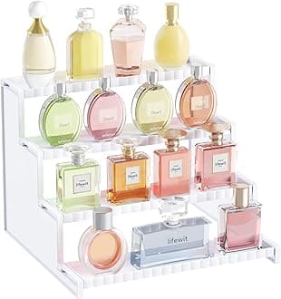 Lifewit 4 Tier White Display Riser Stand with Decorative Secure Fences, Tool-free Assembly, Plastic 12 Inch Perfume Organizer, Display for Figures, Cupcake, Dessert, 1-pack